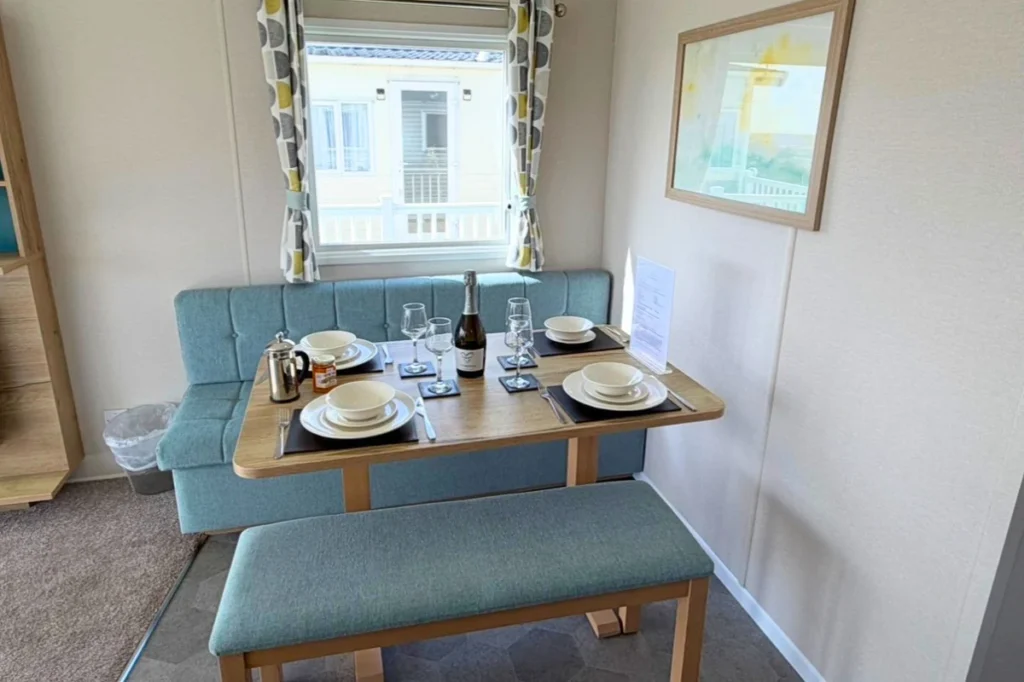 holiday caravan lounge dinning area for sale in cornwall