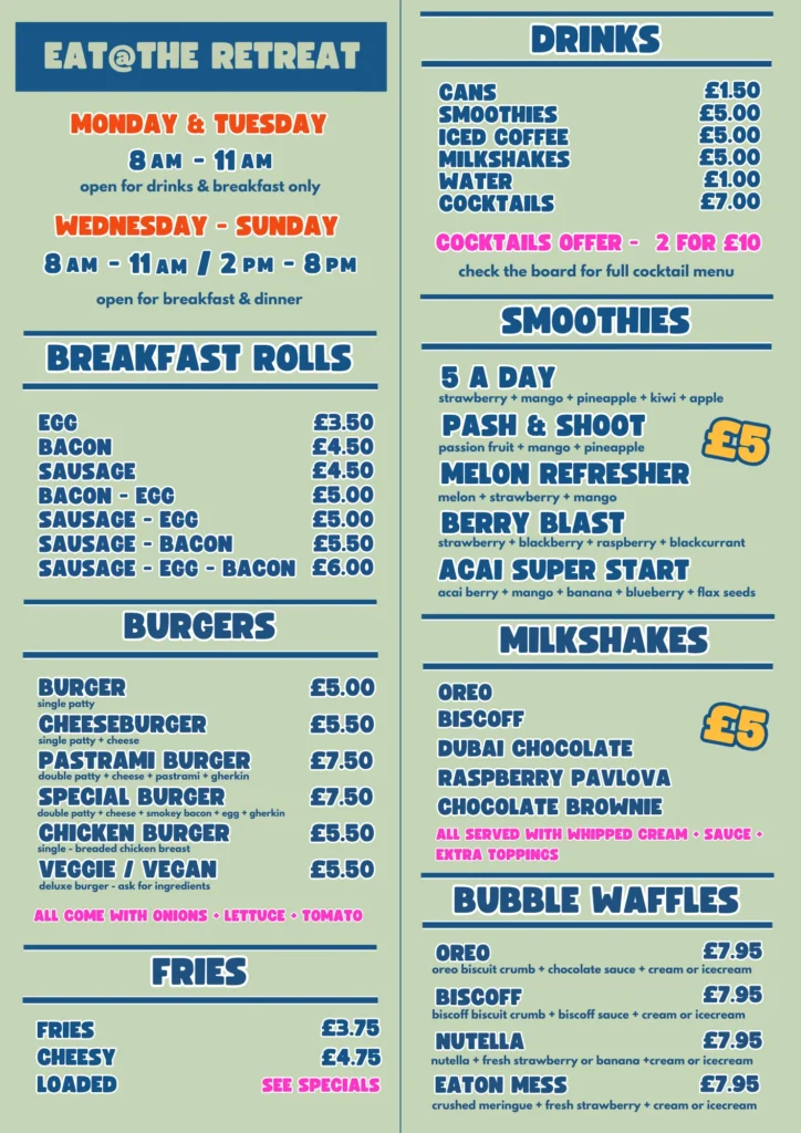 Menu for food at Lynmouth Holiday Retreat